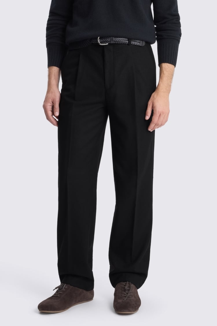 Black Flannel Wide Leg Pleated Trousers