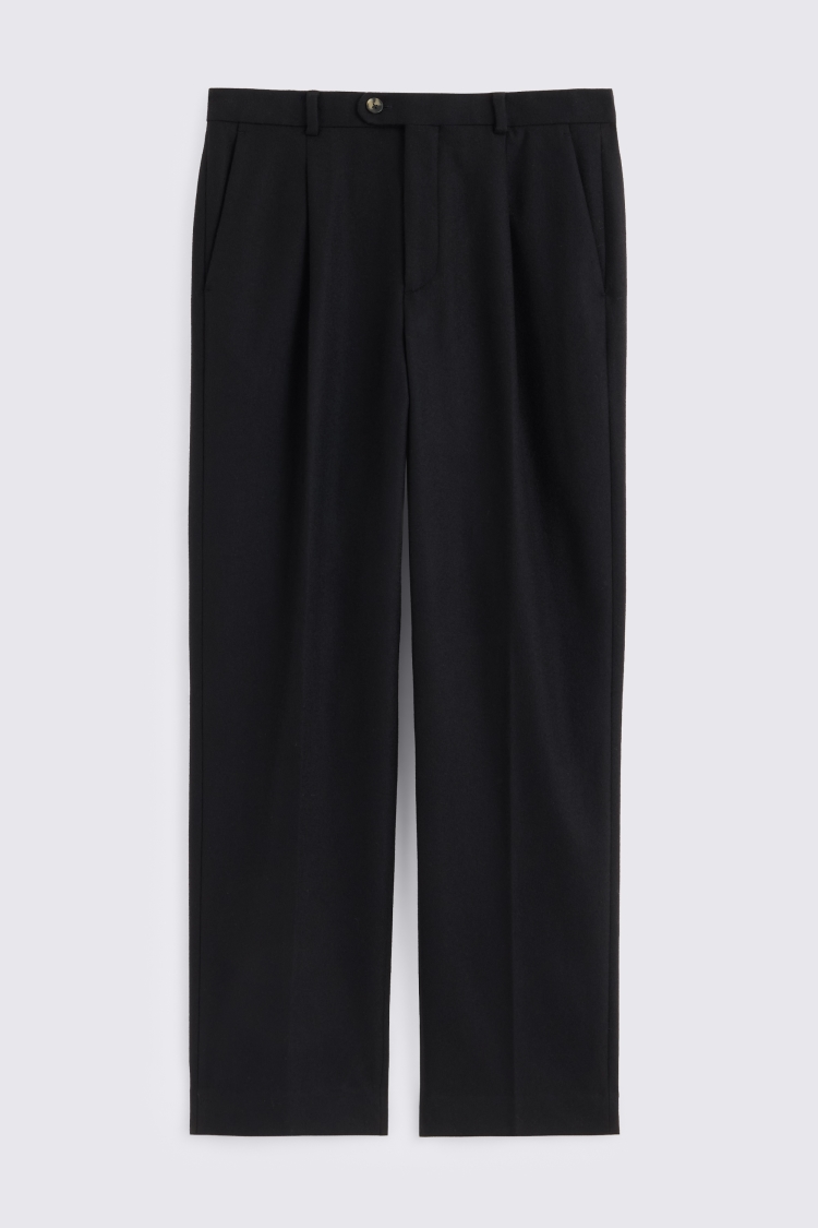 Black Flannel Wide Leg Pleated Trousers
