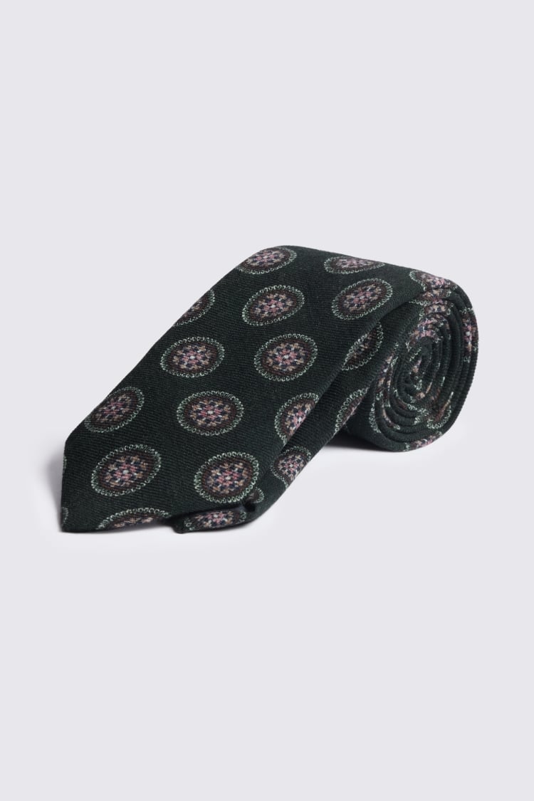 Italian Dark Green & Pink Wool Medallion Tie