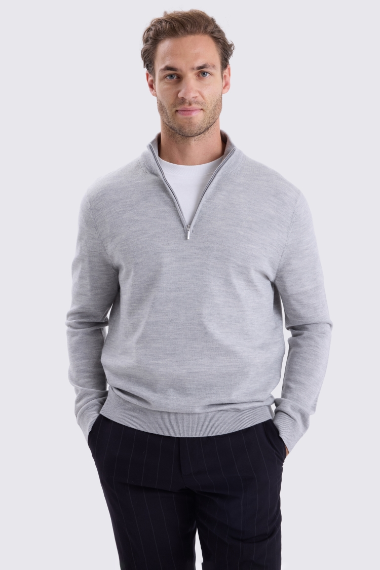 Light Grey Merino- Blend Zip-Neck Jumper