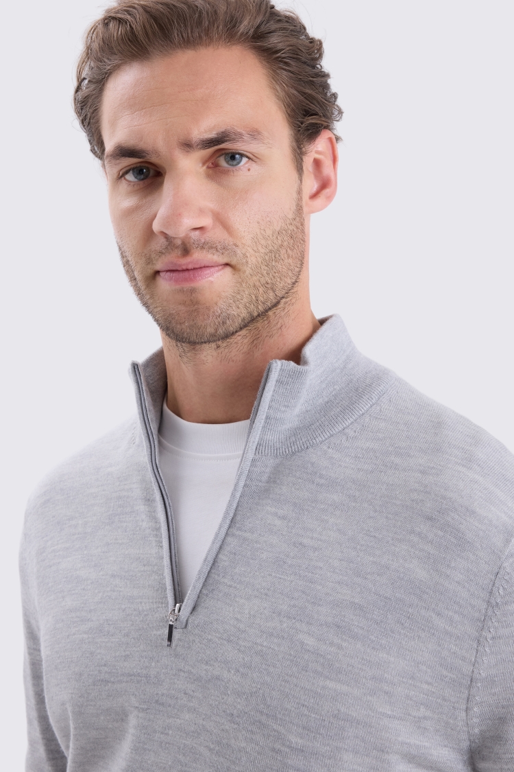 Light Grey Merino- Blend Zip-Neck Jumper