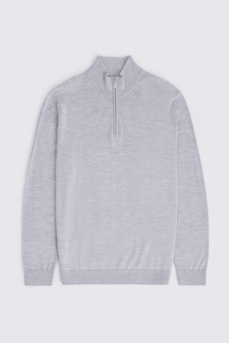 Light Grey Merino- Blend Zip-Neck Jumper