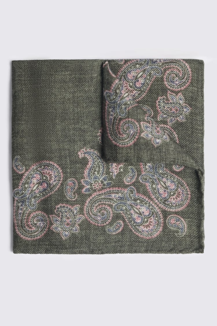 Bottinelli Khaki & Pink Paisley Wool Pocket Square