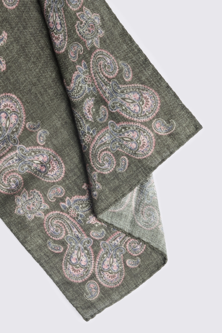 Bottinelli Khaki & Pink Paisley Wool Pocket Square