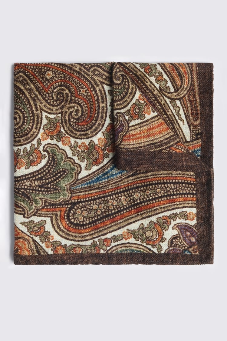 Bottinelli Brown & Orange Wool Multi Paisley Pocket Square