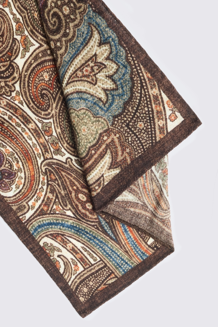 Bottinelli Brown & Orange Wool Multi Paisley Pocket Square