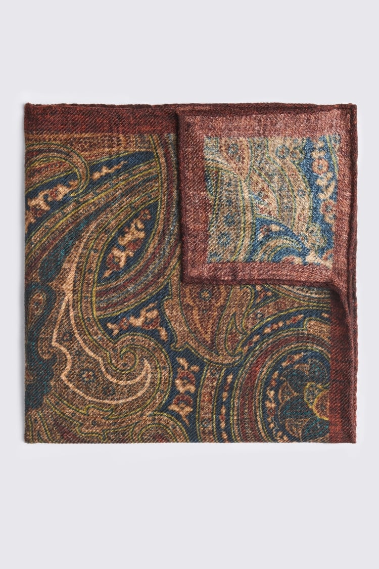 Bottinelli Navy & Burgundy Wool Multi Paisley Pocket Square
