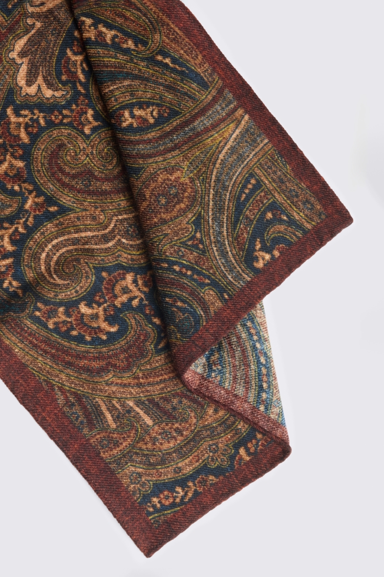 Bottinelli Navy & Burgundy Wool Multi Paisley Pocket Square