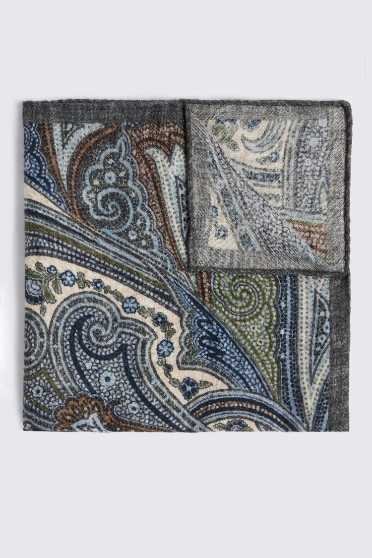 Bottinelli Blue & Green Wool Multi Paisley Pocket Square