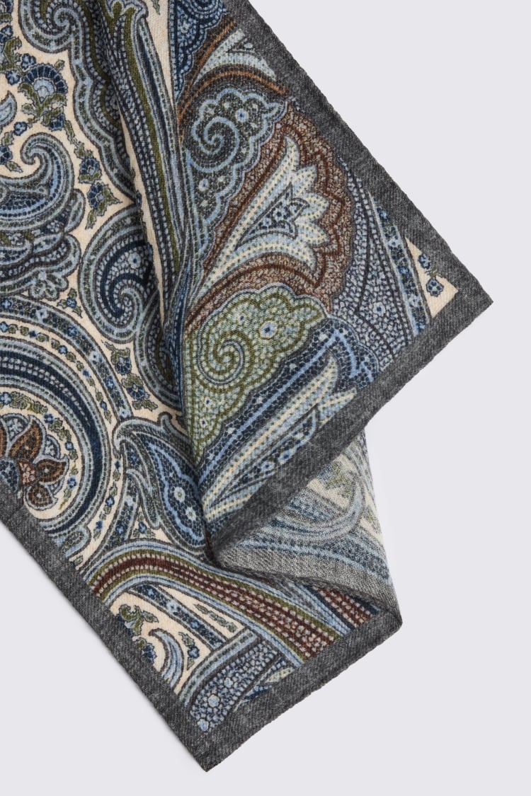 Bottinelli Blue & Green Wool Multi Paisley Pocket Square