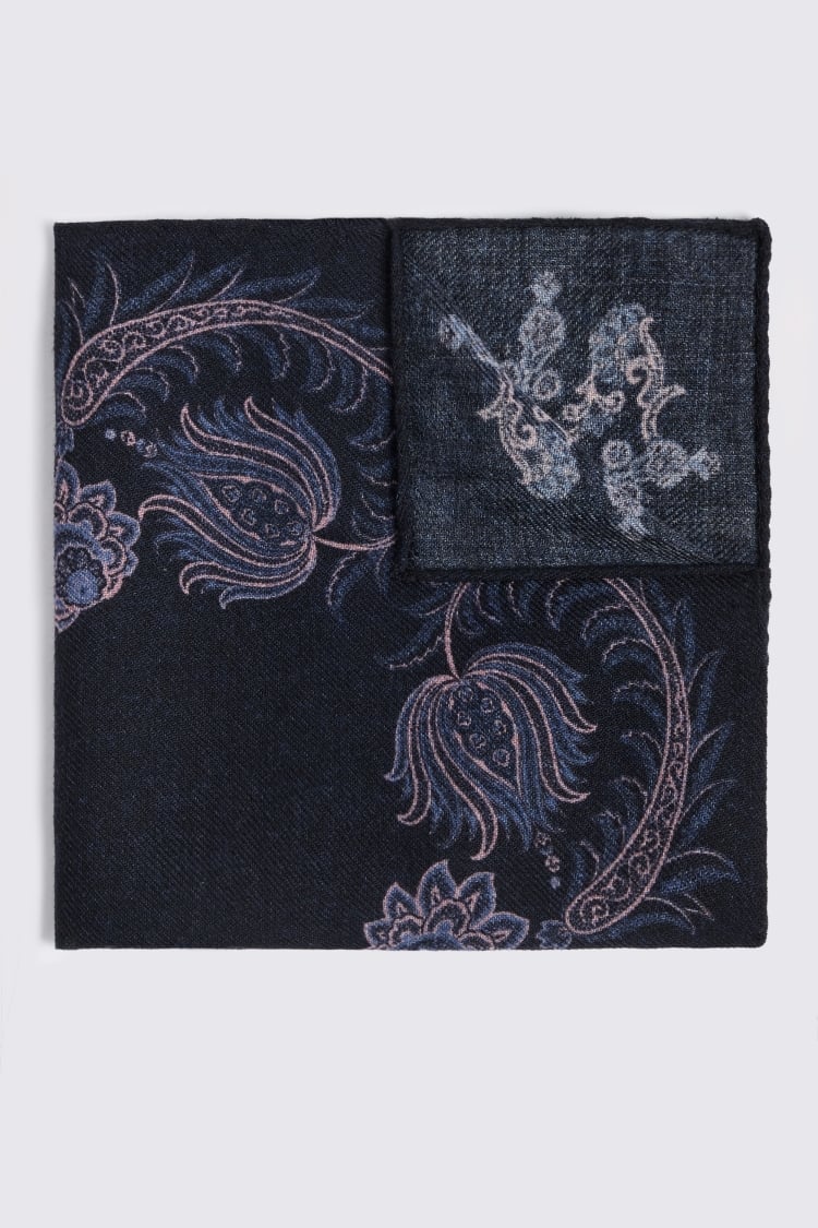 Bottinelli Navy & Pink Floral Wool Pocket Square