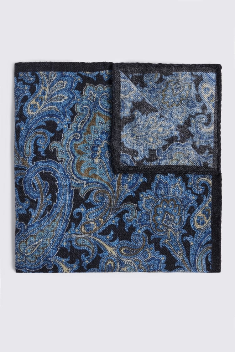 Bottinelli Bright Blue Wool Multi Paisley Pocket Square