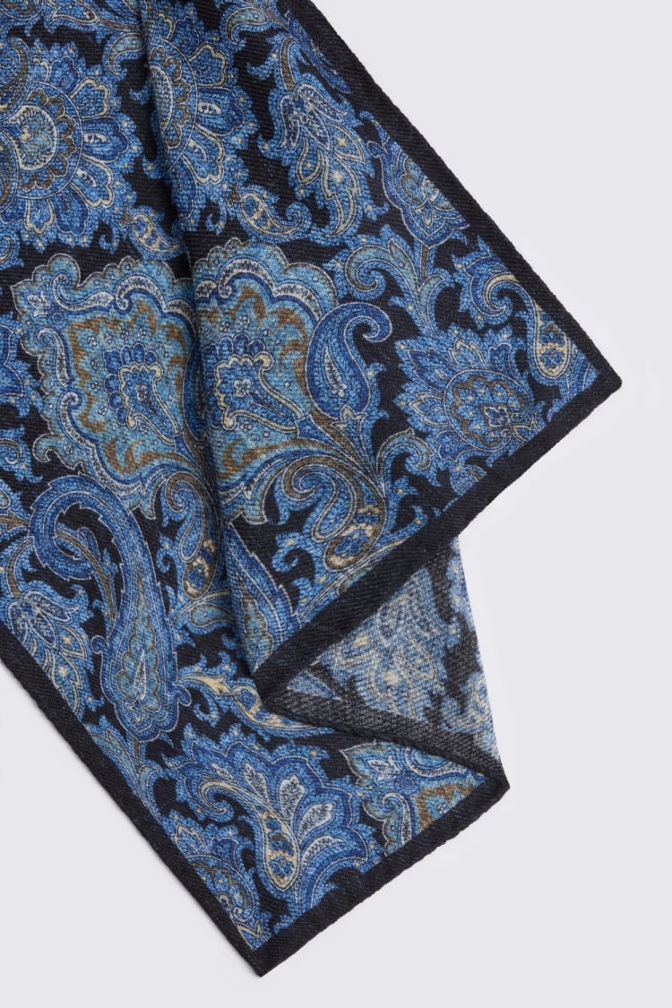 Bottinelli Bright Blue Wool Multi Paisley Pocket Square