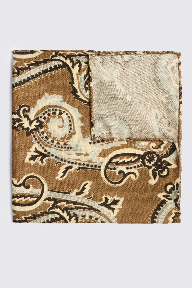 Italian Mid Brown Light Blue Paisley Pocket Square