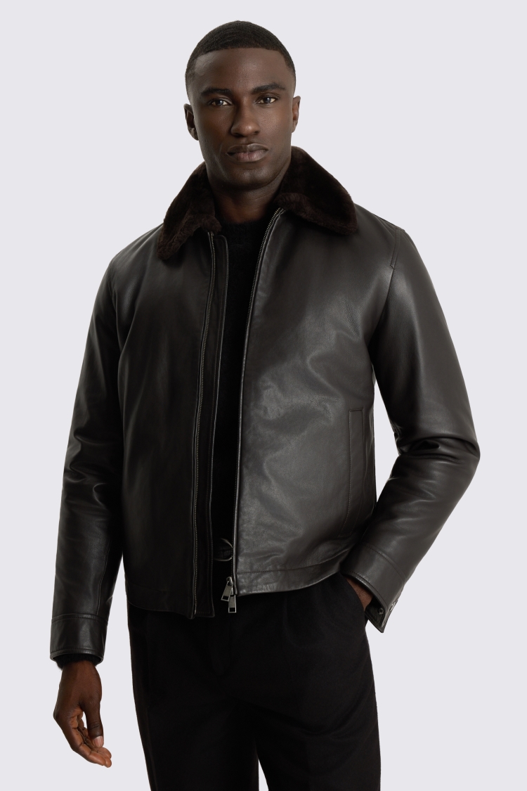 Dark Brown Shearling Collar Leather Jacket