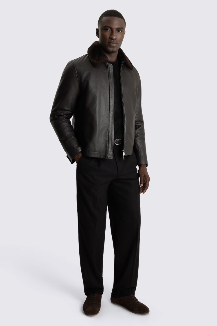 Dark Brown Shearling Collar Leather Jacket