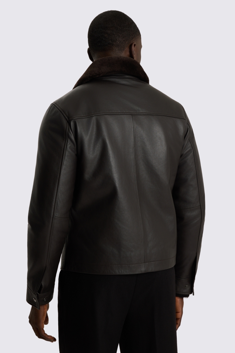 Dark Brown Shearling Collar Leather Jacket