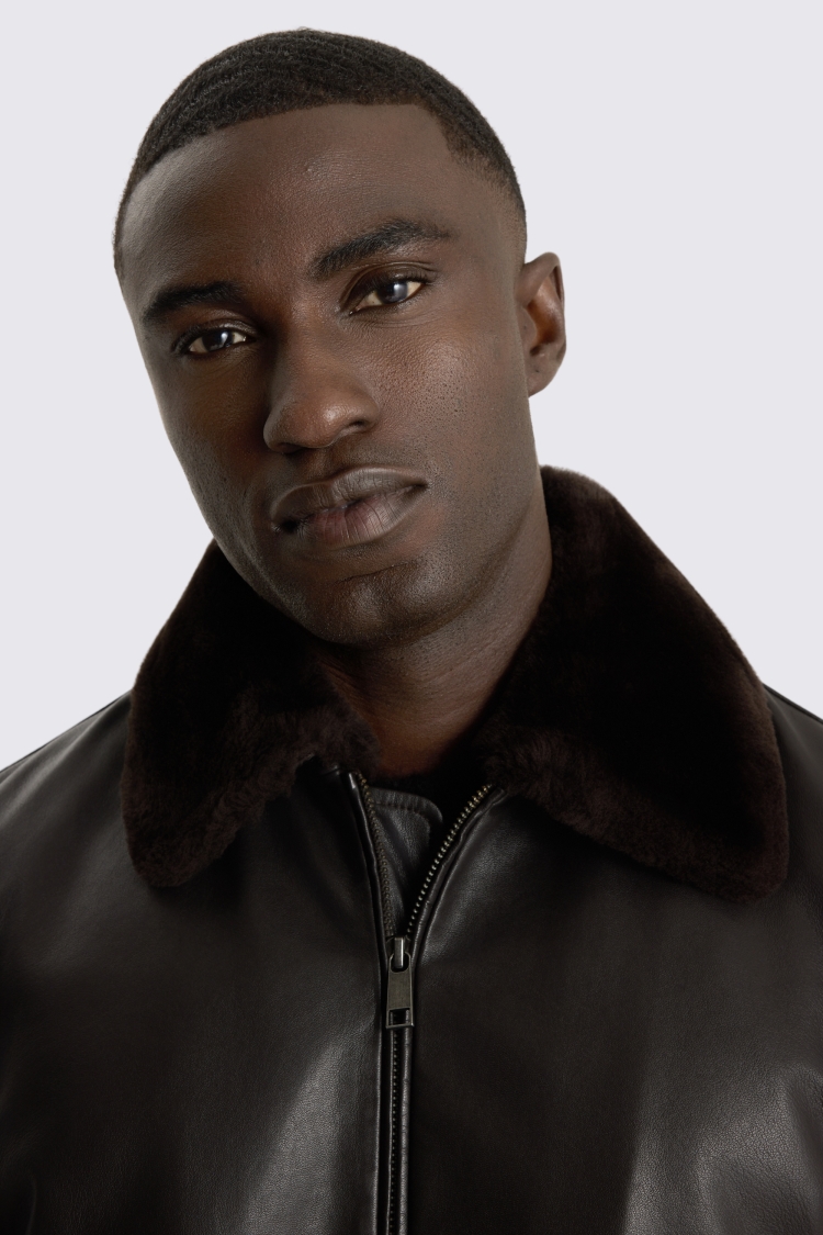Dark Brown Shearling Collar Leather Jacket
