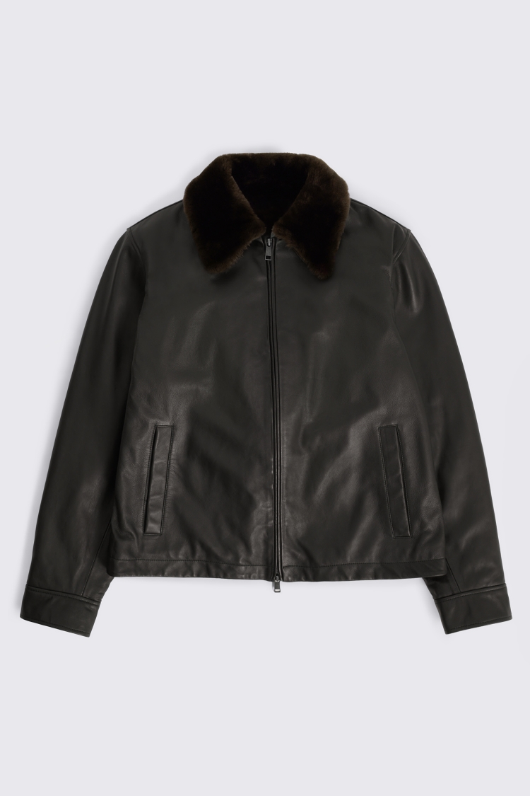 Dark Brown Shearling Collar Leather Jacket  