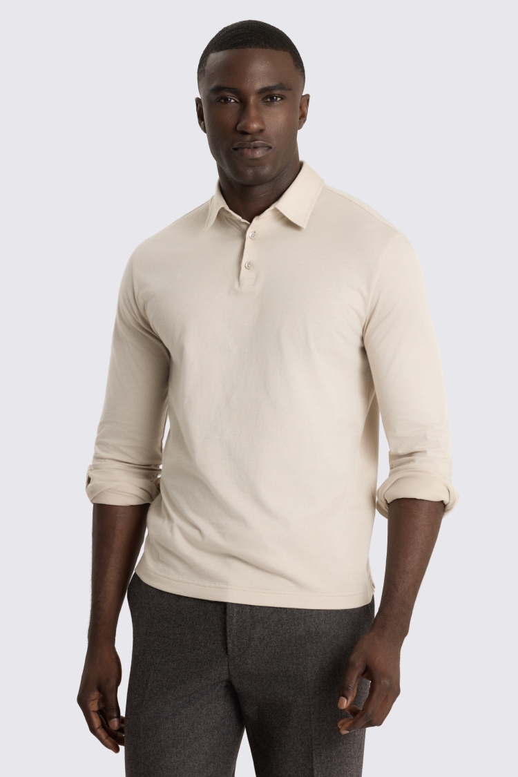 Long Sleeve Oatmeal Jersey Polo Shirt