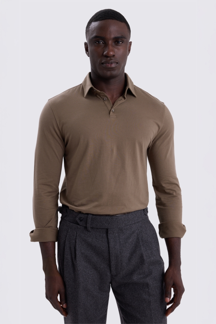 Taupe Jersey Long-Sleeve Polo Shirt