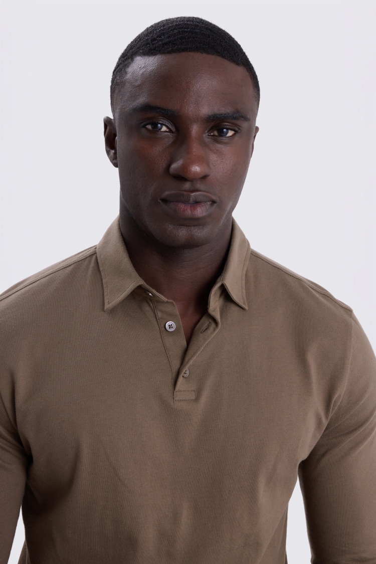 Taupe Jersey Long-Sleeve Polo Shirt
