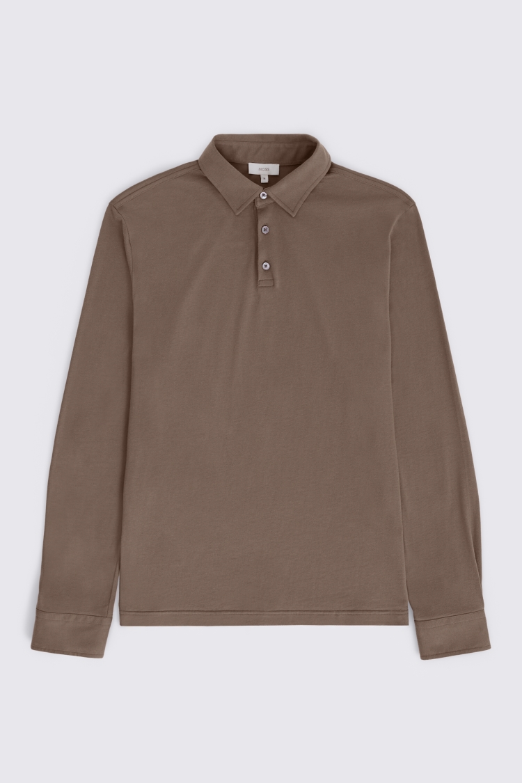 Taupe Jersey Long-Sleeve Polo Shirt