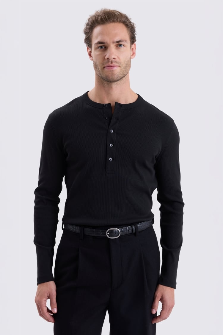 Black Ribbed Henley