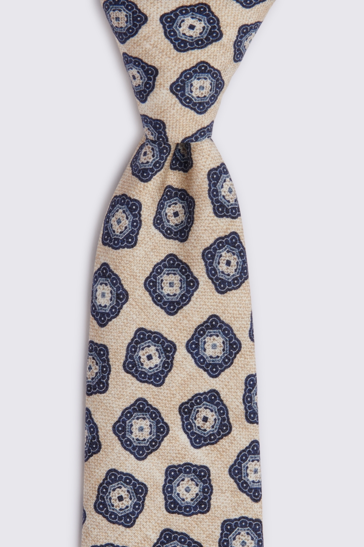 Neutral & Navy Medallion Print Moss x Bottinelli Silk Tie