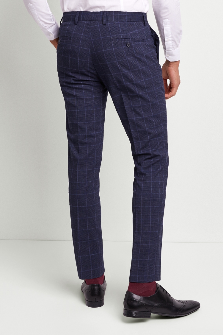 Moss London Slim Fit Blue Boucle Windowpane Trousers with Stretch 