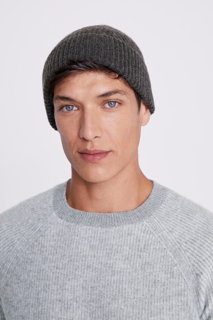 Charcoal Cashmere Blend Ribbed Beanie