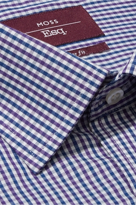 Moss Esq. Regular Fit Purple & Blue Single Cuff Check Non Iron Shirt