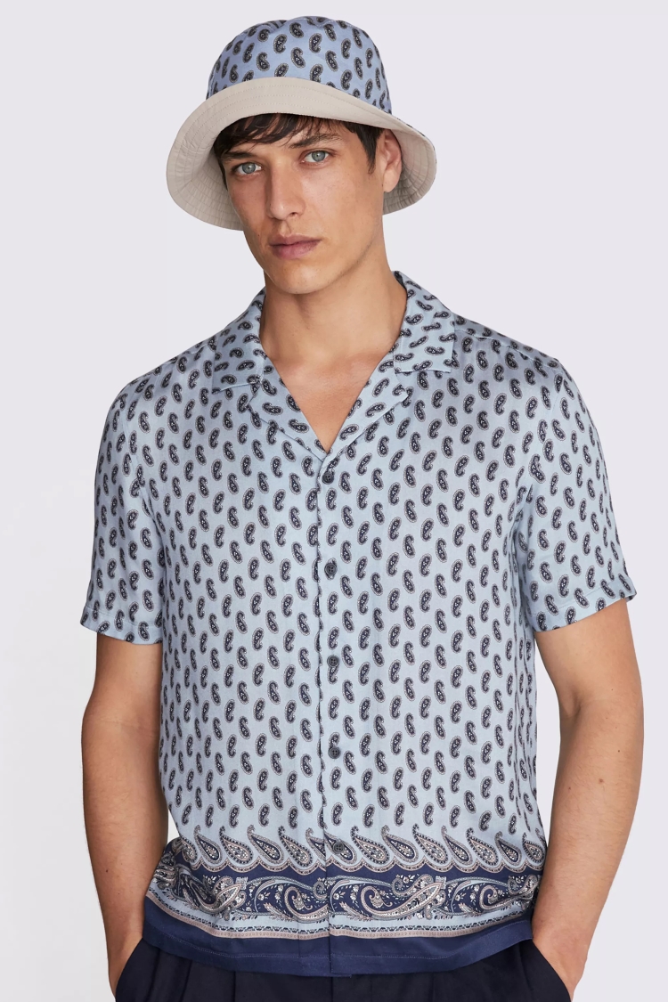 Blue Paisley Print Cuban Shirt 