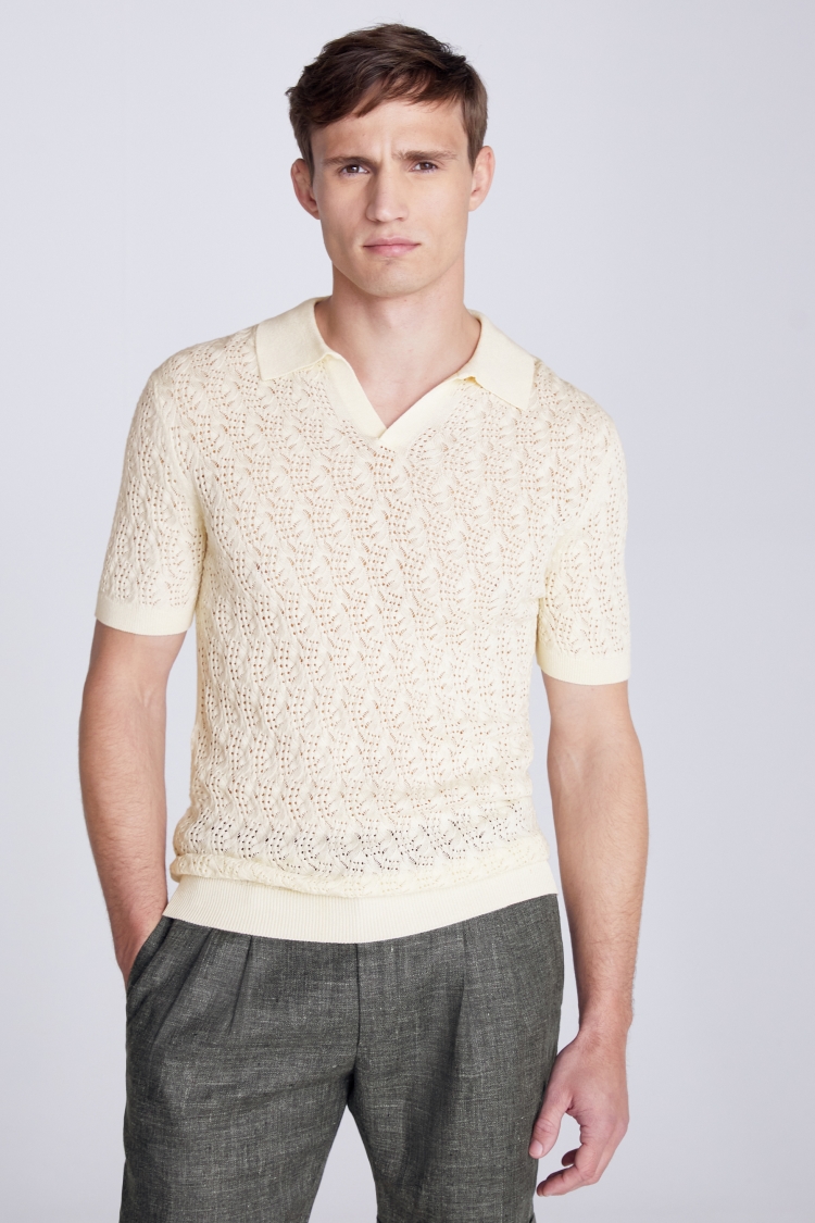 Ecru Open Knit Cable Skipper Polo