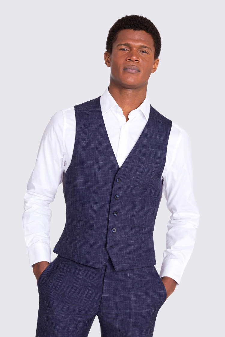 Italian Slim Fit Blue Check Waistcoat