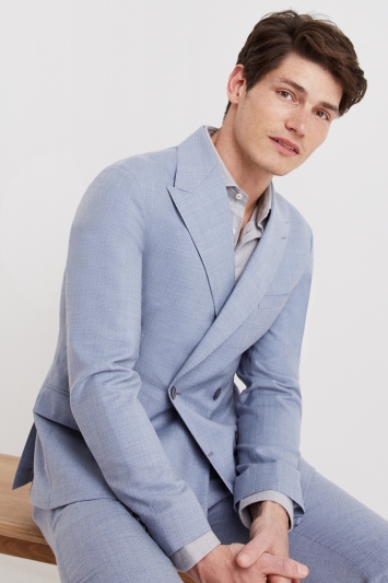 Moss London Premium Slim Fit Soft Blue Texture Double Breasted Suit