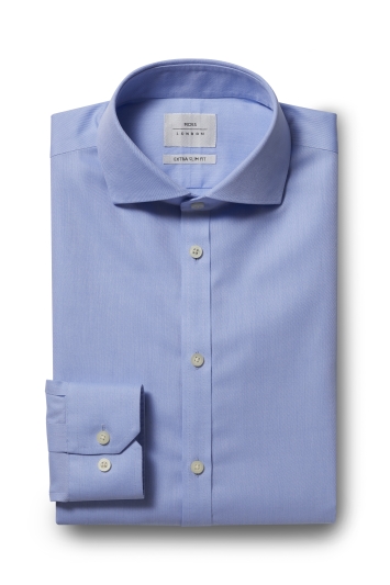 Moss London Premium Extra Slim Fit Blue Single Cuff Twill Zero Iron Shirt 
