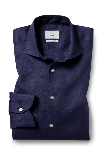 Tailored Fit Navy Single Cuff Long Sleeve Linen Shirt