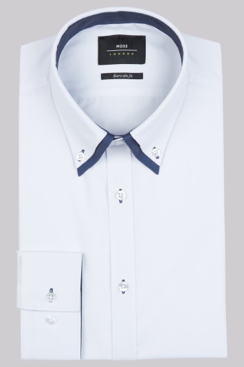 Moss London Extra Slim Fit White and Navy Single Cuff Double Collar Shirt 