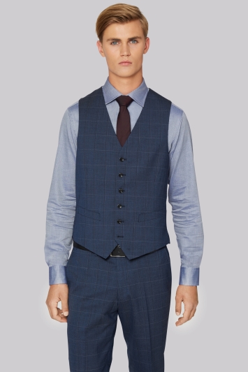 Hardy Amies Tailored Fit Blue Melange Check Waistcoat 