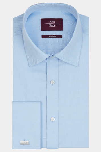 Moss Esq. Regular Fit Blue Double Cuff Dobby Textured Shirt 