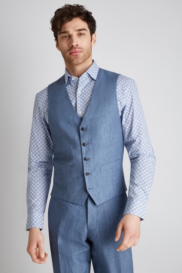 Moss 1851 Tailored Fit Mid Blue Linen Waistcoat 