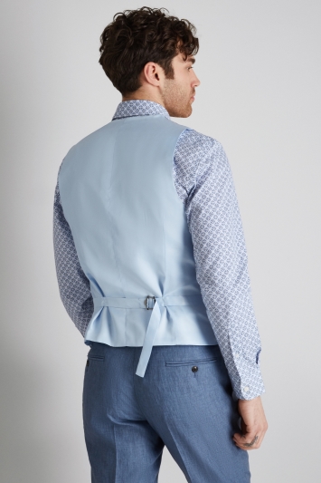 Moss 1851 Tailored Fit Mid Blue Linen Waistcoat 
