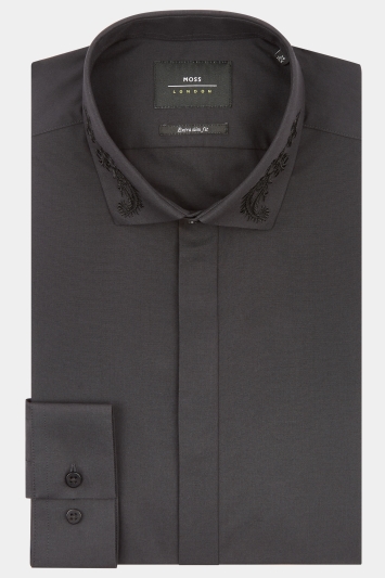 Moss London Extra Slim Fit Black Single Cuff Embroidered Collar Dress Shirt
