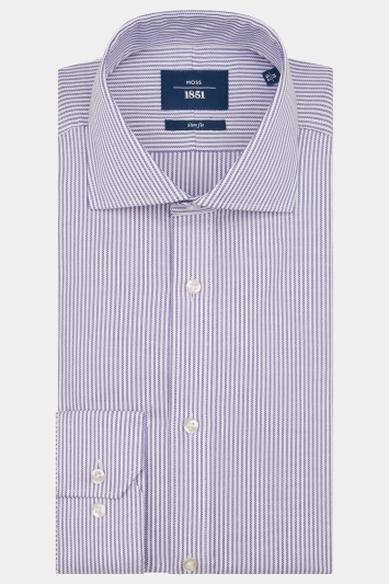 Moss 1851 Slim Fit Blue Single Cuff Stripe Shirt 