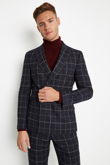 Moss London Skinny Fit Ink White Check Double Breasted Jacket