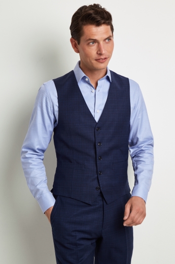 Moss 1851 Performance Tailored Fit Blue Check Milled Waistcoat