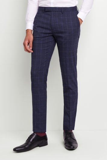 Moss London Slim Fit Blue Boucle Windowpane Trousers with Stretch 