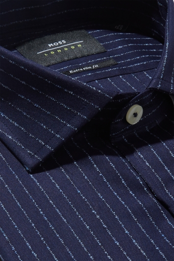 Moss London Premium Extra Slim Fit Single Cuff Navy Boucle Stripe Shirt in Italian Fabric