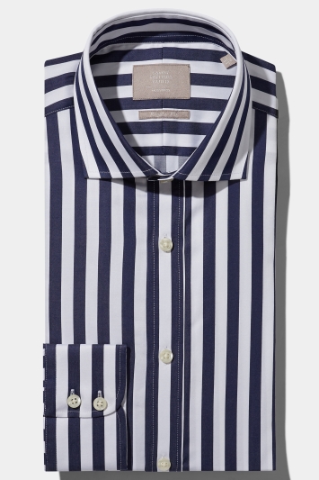 Savoy Taylors Guild Regular Fit Navy Single Cuff Bengal Stripe Shirt